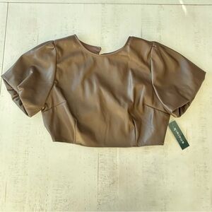 Brown Faux Leather Puff Sleeve Women's Top Large